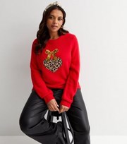 New Look Curves Red Leopard Print Bauble Knit Jumper